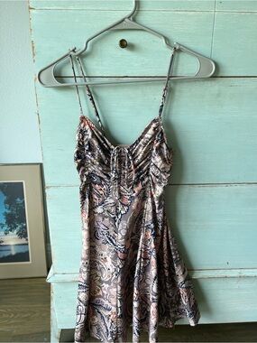 UO Paisley Satin Spaghetti Strap Slip Dress - Blush, Navy & Cream